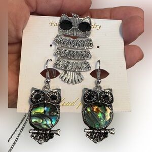 NWT Combo-Owl Necklace and Abalone Shell Accented Owl Earrings, silver in color